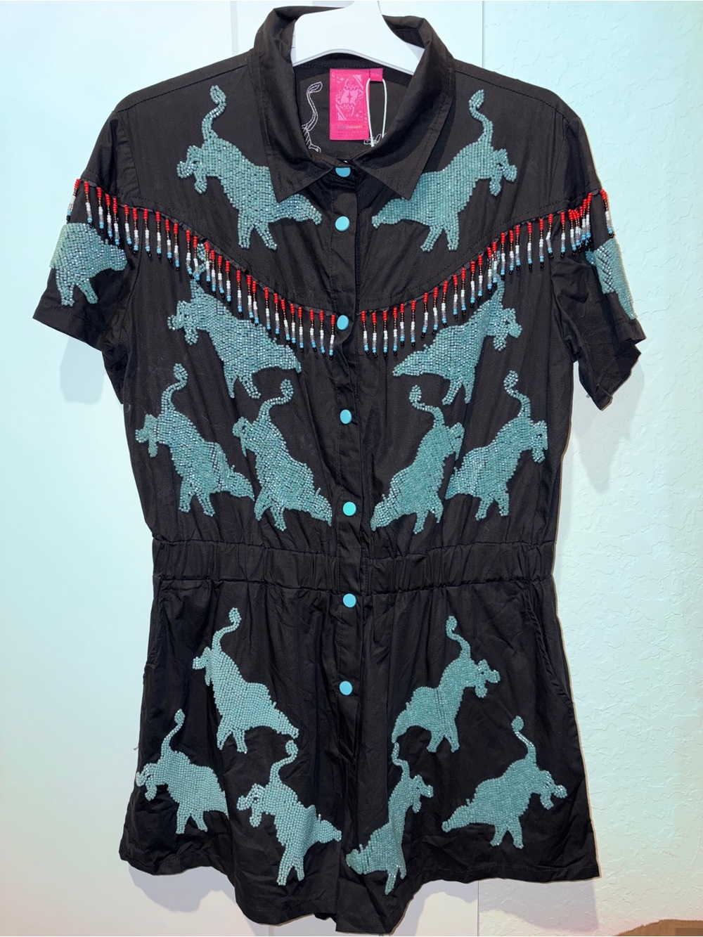 QUEEN OF SPARKLES Black Romper Dress with Teal Elephant Beadwork
